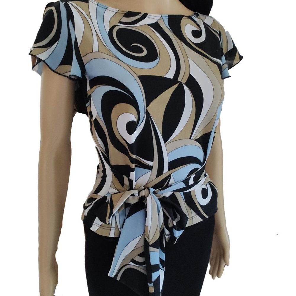 Abstract Multicolor Ruffle Belted Top M - Picture 3 of 12